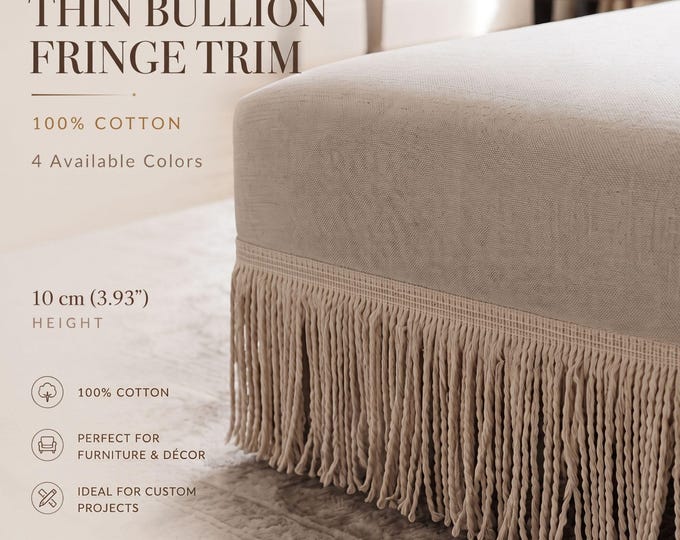 100% Cotton Thin Bullion Fringe Trim 10cm (3.93") | Decorative Curtain & Upholstery Fringe | Sewing Trim | Sold by the Meter
