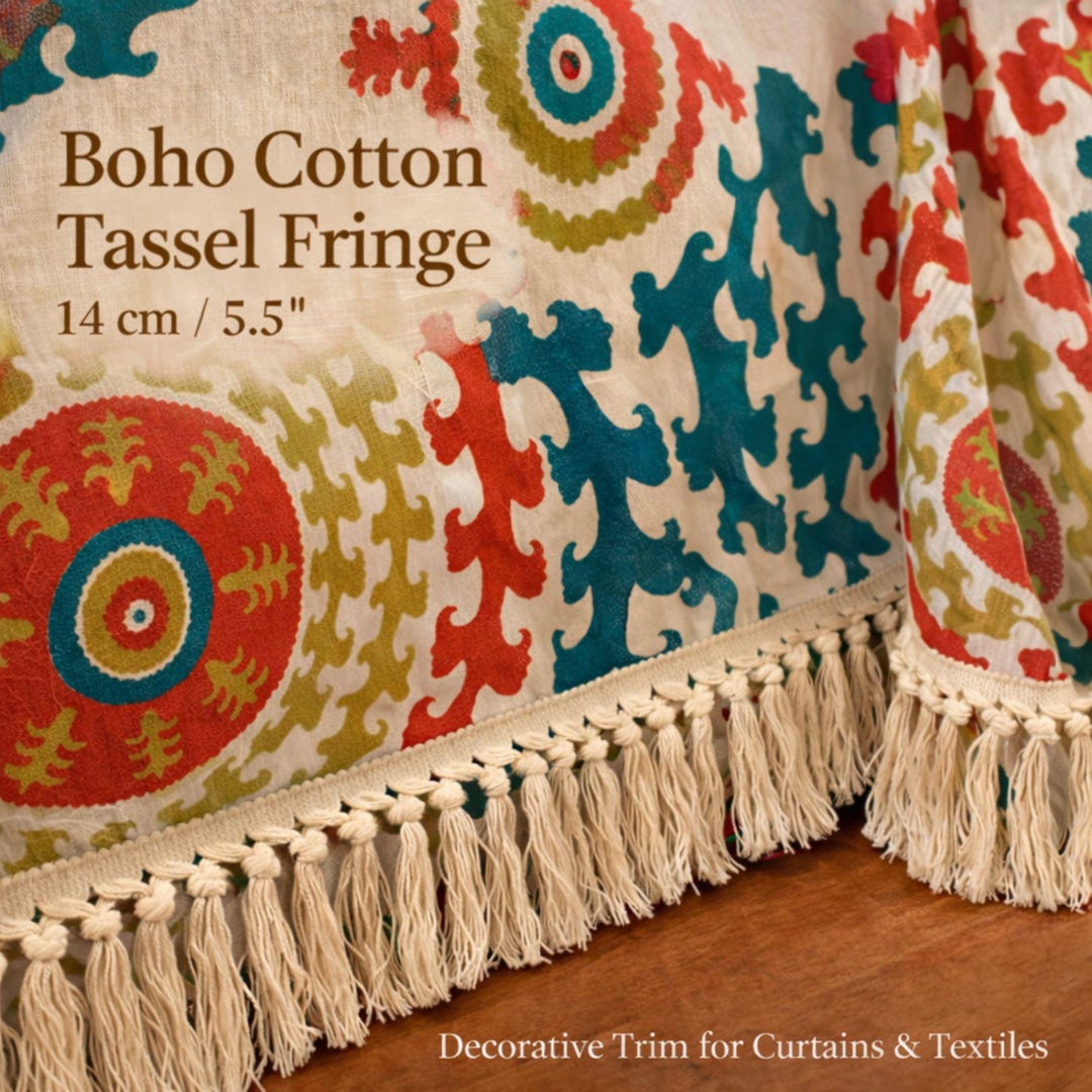 Boho Cotton Tassel Fringe Trim – Knotted Macrame Fringe 14 Cm