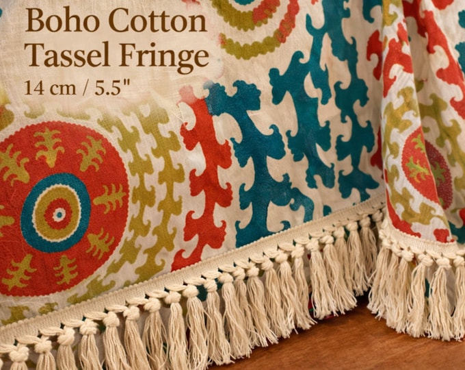 Boho Cotton Tassel Fringe Trim – Knotted Macrame Fringe 14 cm – Decorative Trim for Curtains, Pillows, Upholstery & DIY Decor