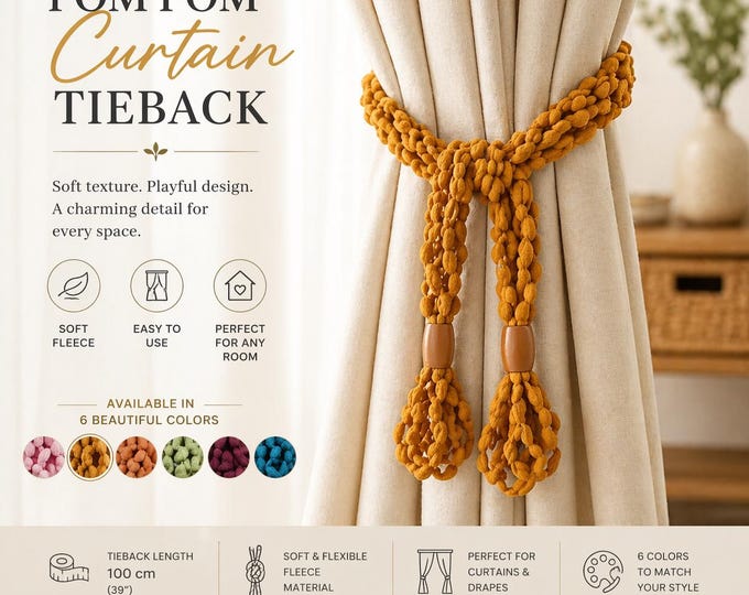 Pom Pom Curtain Tieback 1 Meter | Soft Boho Tie Back Colorful Curtain Holdback | Kids Room Curtain Accessory