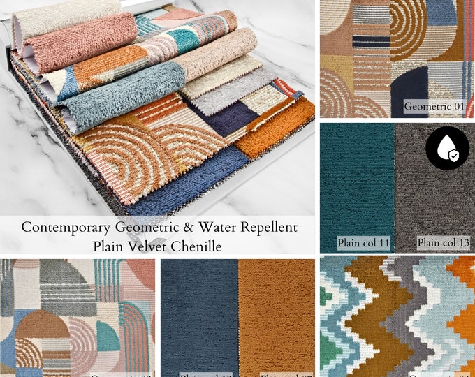 Geometric and Water Repellent  Mottled Velvet Chenille Upholstery Fabric |140cm-55" Width. Vibrant Contemporary colors | Sold by the meter