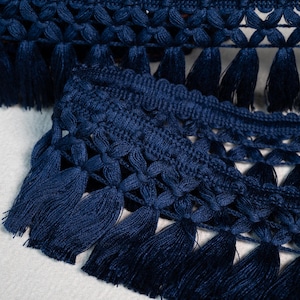 Marineblauwe gevlochten rand met kwastjes| 8 cm - 3,15&quot; breed lint met kanten rand | DHZ-knutsels, jurk, sjaals, gordijnen, accessoires bies per meter