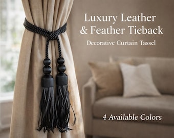 Luxury Leather & Feather Curtain Tieback Tassel | Decorative Drapery Tie Back | Curtain Holdback | Window Curtain Accessory | 4 Colors