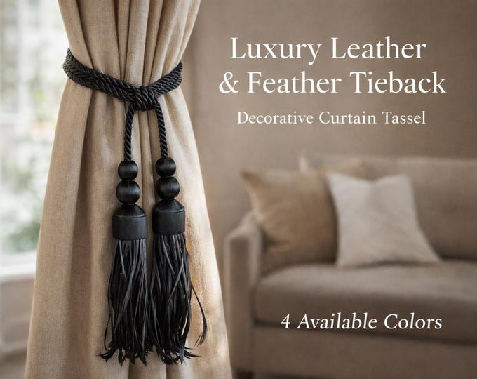 Luxury Leather & Feather Curtain Tieback Tassel | Decorative Drapery Tie Back | Curtain Holdback | Window Curtain Accessory | 4 Colors