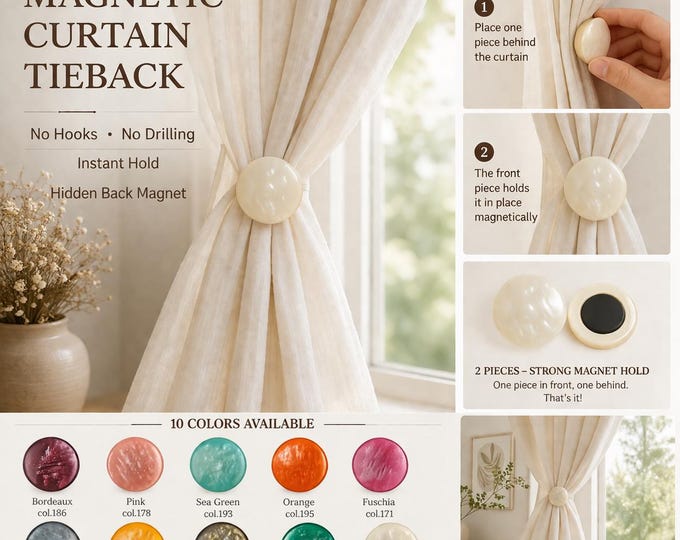 Magnetic Curtain Tieback No Drill | Button Curtain Holder with Hidden Back Magnet | No Hooks Curtain Holdbacks | 10 Colors