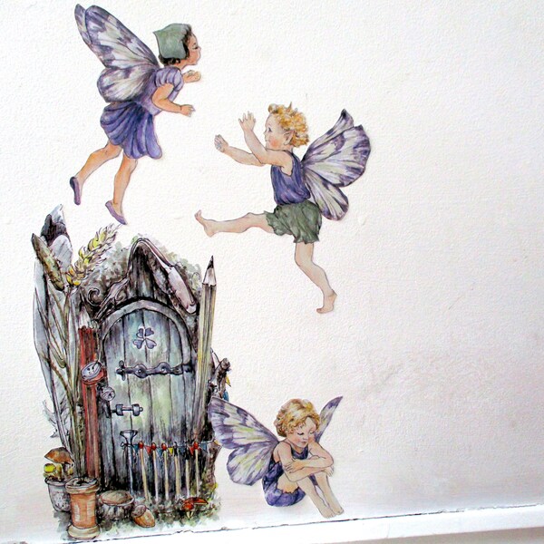 Fairies and fairy door wall stickers, fairy bedroom mural, fairy door, whimsical watercolor wall decal, woodland fairy art, fairy home decor