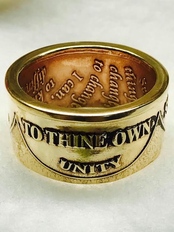 AA Ring "To Thine Own Self Be True" Recovery Ring; Handcrafted from Sobriety Medallion's Custom , Made to Order by a Person in Recovery