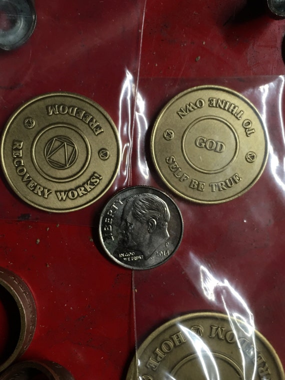 Custom Sobriety Medallion! Recovery Works! & To Thine Own Self be True , Size Small (Quarter Size)