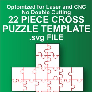 May include: A 22-piece cross puzzle template in .svg format. The template is optimized for laser and CNC cutting. The puzzle pieces are outlined in red on a white background.