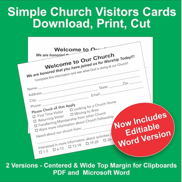 Basic Church Visitor Cards - Digital Download - PDF and Word Included.- Centered and Top Margin - Age Information and No Age Information