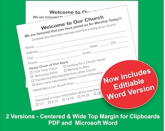 Basic Church Visitor Cards - Digital Download - PDF and Word Included.- Centered and Top Margin - Age Information and No Age Information