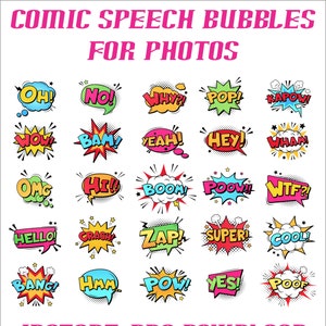 以下が含まれることがあります： 「Oh!」 「No!」 「Why?」 「Pop!」 「Kapow!」 「Wow!」 「Bam!」 「Yeah!」 「Hey!」 「Wham!」 「OMG」 「Hi!!」 「Boom!」 「Poow!!」 「WTF?!」 「Hello!」 「Crash!」 「Zap!」 「Super!」 「Cool!」 「Bang!」 「Hmm」 「Pow!」 「Yes!」 「Poof!」 といった様々なフレーズが書かれた、カラフルなコミック風吹き出し25個セット。写真に楽しくて遊び心のあるアクセントを加えるのに最適です。