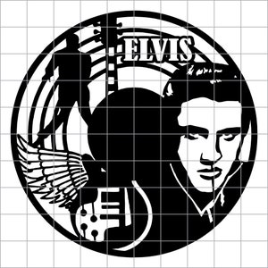 Pode incluir: Silhueta em preto e branco de Elvis Presley com uma guitarra e asas, com a palavra "ELVIS" em texto branco.