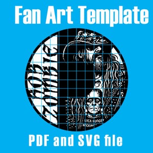 May include: A blue background with the text "Fan Art Template" in white. A black and white circular design features a grid pattern and illustrations of faces. The text "PDF and SVG file" is at the bottom.