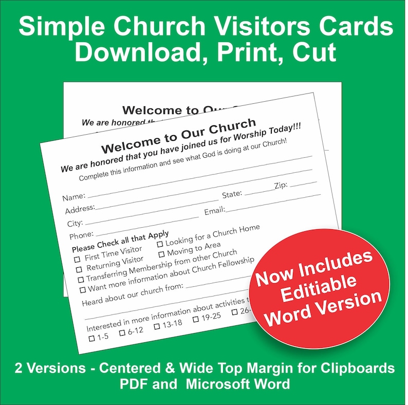 Basic Church Visitor Cards Digital Download PDF and Word Included. Centered and Top Margin Age Information and No Age Information image 1