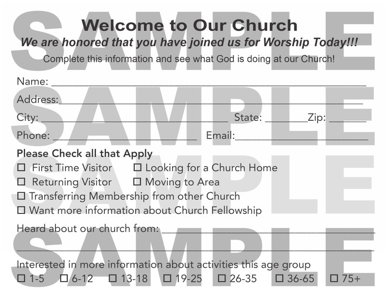 Basic Church Visitor Cards Digital Download PDF and Word Included. Centered and Top Margin Age Information and No Age Information image 2