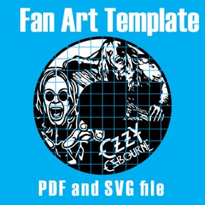 Könnte beinhalten: Blauer Hintergrund mit weißem Text "Fan Art Template". Eine Schwarz-Weiß-Grafik eines Sängers mit Sonnenbrille und schreiendem Gesicht in einem Kreis. Der Text "OZZY OSBOURNE" steht darunter. Der Text "PDF und SVG-Datei" steht unten.