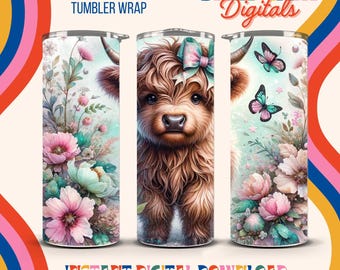 Omslagdoek Schotse Hooglander, bloemen vlinderdessin (digitale png-download)
