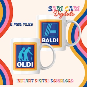 Puede incluir: Dos tazas blancas con diseños coloridos. Una taza presenta el texto "BALDI" en un cuadro azul, naranja y amarillo. La otra taza presenta el texto "OLDI" en un cuadro azul, naranja y amarillo con una silueta azul de dos personas caminando.