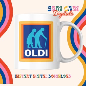 Puede incluir: Taza de cerámica blanca con un diseño colorido que presenta dos figuras azules caminando con un bastón y la palabra "OLDI" en letras blancas. La taza tiene un borde amarillo, naranja y rojo alrededor del diseño.