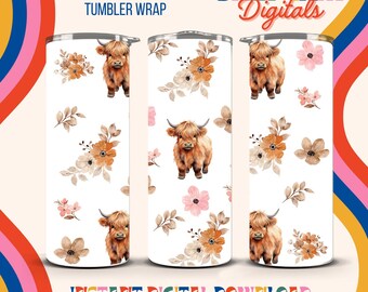 Omslagdoek Highland Cow, naadloos bloemenontwerp (digitale download)