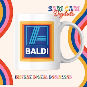 May include: White ceramic mug with a blue and yellow logo that says "BALDI" on it. The mug has a handle and is a sublimation blank.