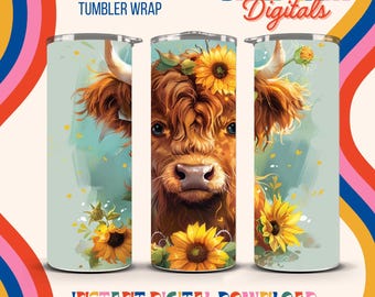 Highland Cow Sunflower 20oz bekerverpakking, naadloos sublimatieontwerp (digitale download)