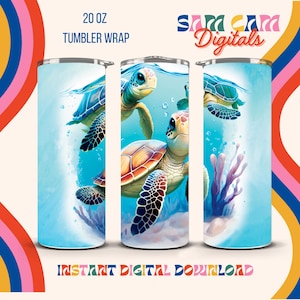 Turtles under the sea 20oz Tumbler Wrap, Sublimation design templates, Straight skinny PNG Digital download, seamless design, art image file
