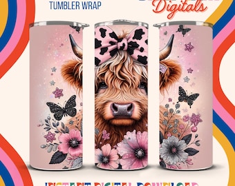 Pink Highland Cow 20 oz bekerverpakking, vlindersublimatieontwerp (digitale download)