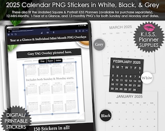 2025 Dated Calendar Overlays | Monthly Digital Stickers for Square and Portrait KISS Planners | Sunday & Monday Start Options
