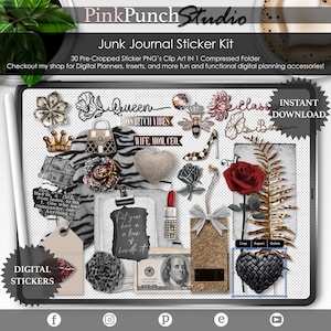 Patron Lady Classic Fashion Junk Journal PNG autocollants pour agenda numérique Scrapbooking fichier Clipart bureau scène créateur Goodnotes inclus