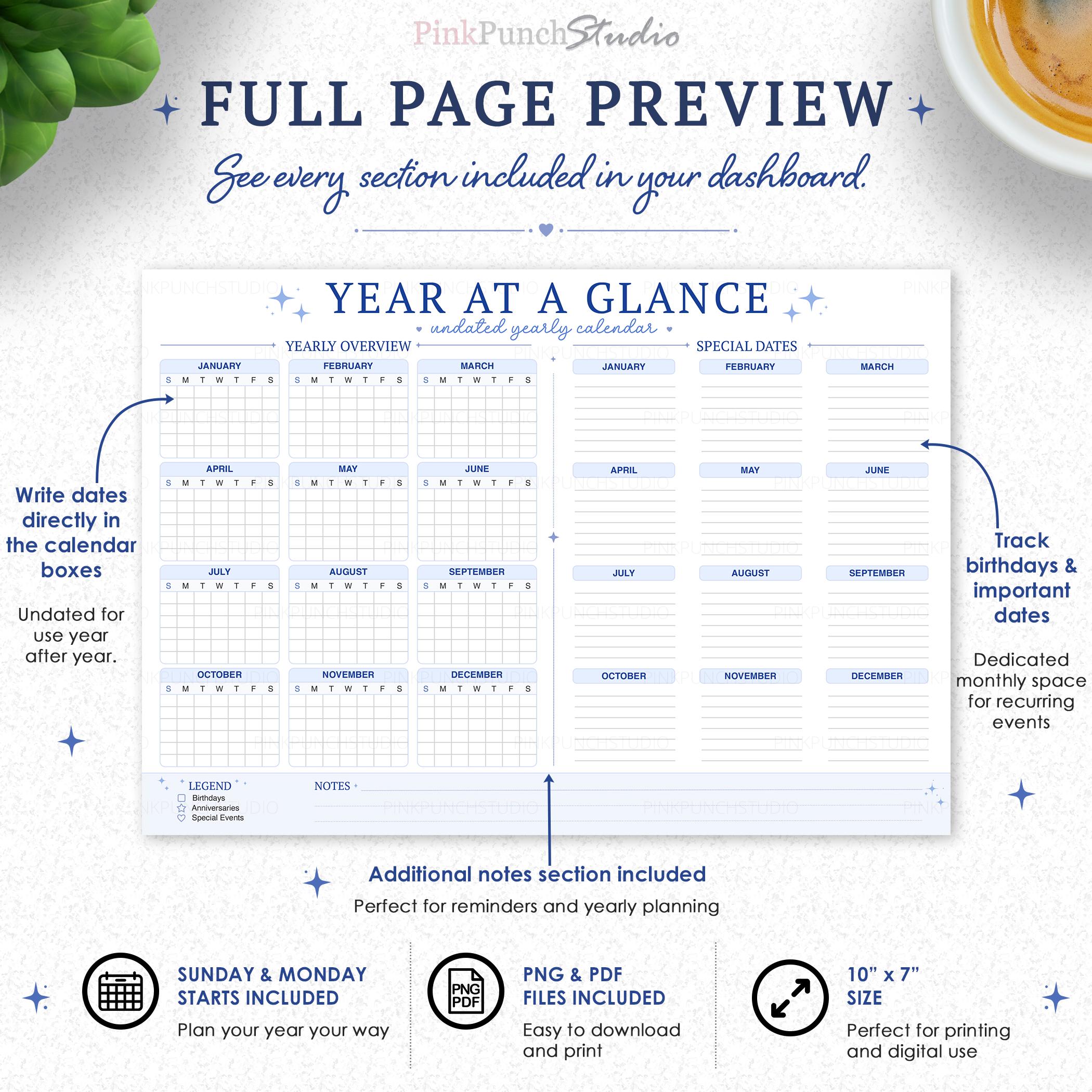 Year at a Glance Calendar Dashboard, Undated Yearly Planner Insert ...