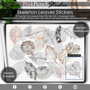 Puede incluir: Un conjunto de 20 pegatinas digitales que presentan imágenes transparentes de hojas de esqueleto en varios tonos de marrón, gris y blanco. Las pegatinas son perfectas para agregar un toque de otoño a los planificadores digitales, inserciones y otros proyectos digitales.