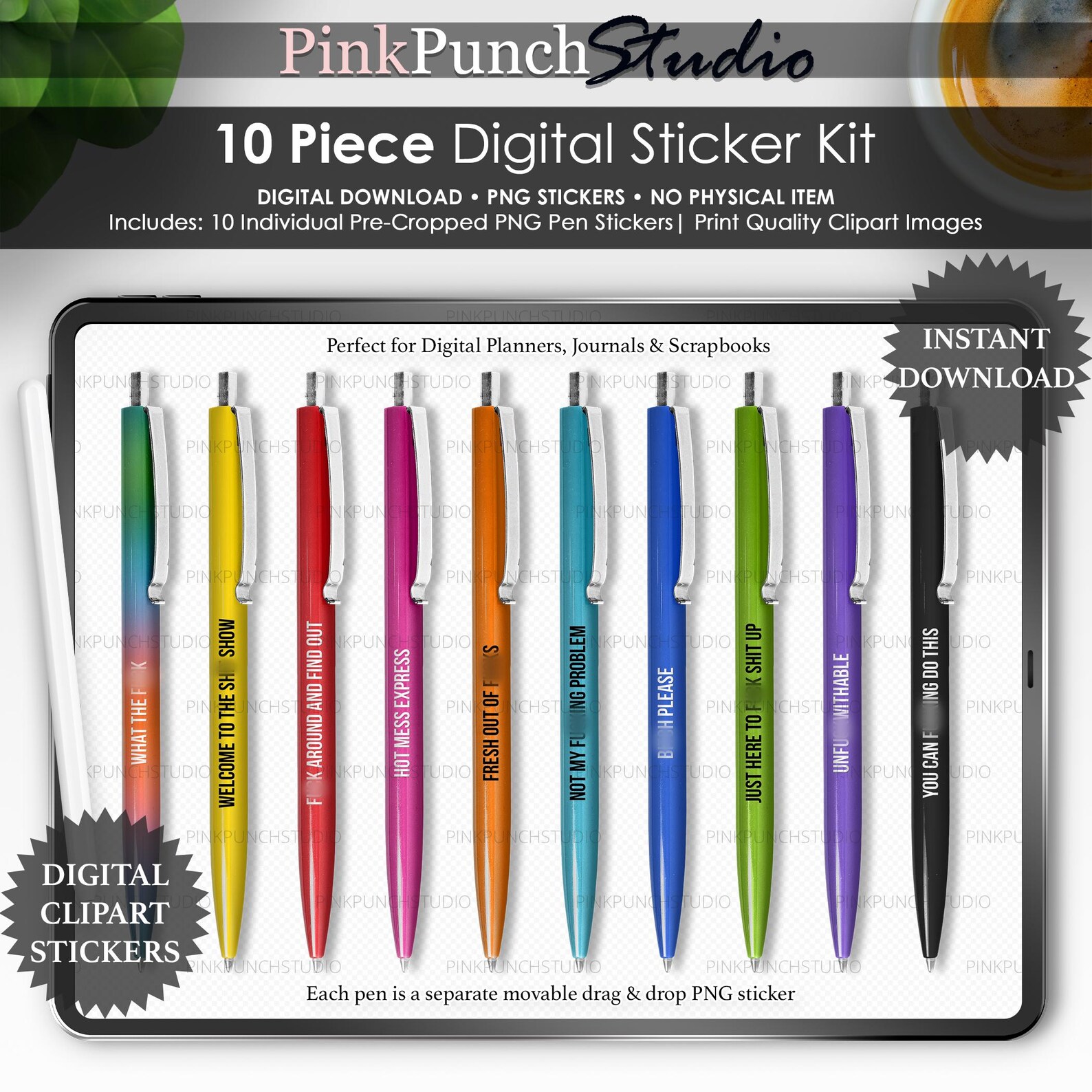 WTF Quote Pens Digital Stickers | 10 PNG Pen Stickers | Funny Planner ...