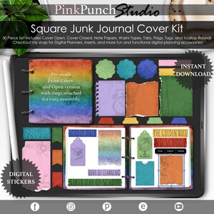 School Daze Back to School Square Junk Journal Cover Kit PNG Stickers Notebook Mockup for DIY Digital Planners Planning and Scrapbooking