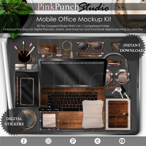 May include: A digital mockup kit with a laptop, phone, tablet, and accessories. The kit includes a wooden laptop, headphones, glasses, pens, and keys. The text on the image says "Mobile Office Mockup Kit" and "Instant Download."