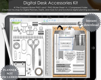 Silver skrivbordstillbehörskit Digital planerare Förbeskuren Transparent PNG-filer Scrapbooking Clip Art Anteckningsbok Journal Planeringsklistermärken Set