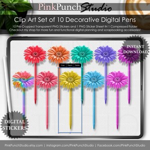 Flower Power Rainbow Daisy Pens PNG Stickers: Digital Planner Clipart (GoodNotes)