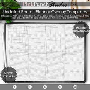 Undated Portrait Digital Planner Overlay PNG Templates Transparent Monthly Weekly Daily Note Page Calendar Planning Inserts DIY