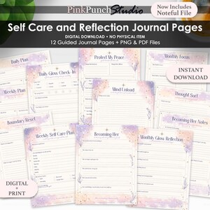 May include: A collection of twelve digital self-care and reflection journal pages featuring a soft purple and orange gradient background with star and floral accents. The pages include titles like Daily Glow Check-In, Mind Unload, and Becoming Her.