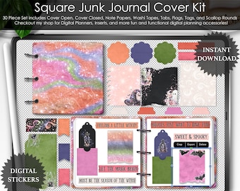 May include: A digital planner kit with a Halloween theme. The kit includes a cover, note papers, washi tapes, tabs, flags, tags, and scallop rounds. The cover features a pink, orange, and green galaxy design with glitter. The kit also includes digital stickers with spooky sayings like "Feeling a little witchy" and "Let the magic begin".