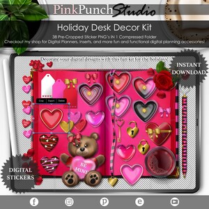 San Valentín Día de vacaciones decoración kit de planificación digital preculpado transparente PNG Scrapbooking ClipArt Planner pegatinas Mockup Desk Escena