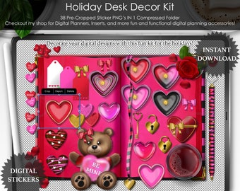 Valentine's Day Holiday Decor Kit Digital Planning Precropped Transparent PNG Scrapbooking ClipArt Planner Stickers Mockup Desk Scene