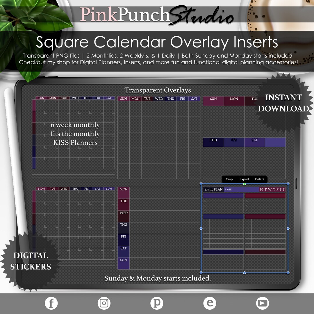 Yes Queen Square Calendar Overlay Inserts: Digital Planner PNG Files ...
