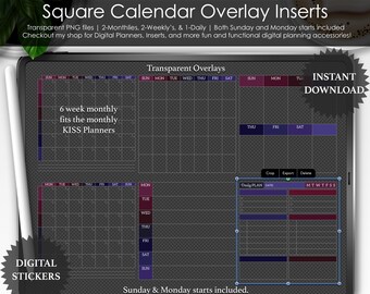 Sobreposições de calendário quadrado Yes Queen: arquivos PNG do planejador digital (início aos domingos e segundas-feiras)