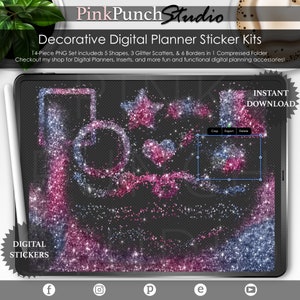 May include: A digital planner sticker kit with 14 pieces, including 5 shapes, 3 glitter scatters, and 6 borders. The stickers are pink, blue, and silver glitter on a transparent background. The image shows a digital planner app with the stickers on a page. The text "INSTANT DOWNLOAD" is in the upper right corner of the image.
