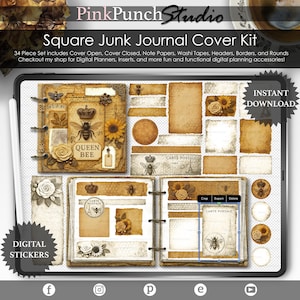 May include: Digital junk journal cover kit with a vintage aesthetic. The kit includes covers, note papers, washi tapes, and borders. The design features bees, sunflowers, and the text "Queen Bee" and "Carte Postale". The image also includes the text "Digital Stickers" and "Instant Download".