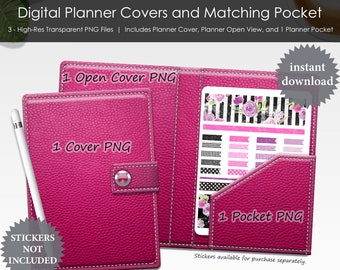 Pink Leather Digital Planner Covers Set with Pocket Transparent PNG Journal GoodNotes Scrapbooking Clipart Notebook Planning Mock-up