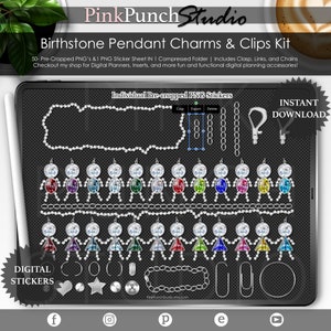 Silver Birthstone Pendant Charms and Clips Kit Precropped Transparent PNG Files Scrapbooking Clip Art Notebook Journal Planner Desk Mockup