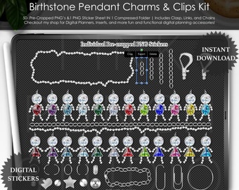 Silver Birthstone Pendant Charms and Clips Kit Precropped Transparent PNG Files Scrapbooking Clip Art Notebook Journal Planner Desk Mockup